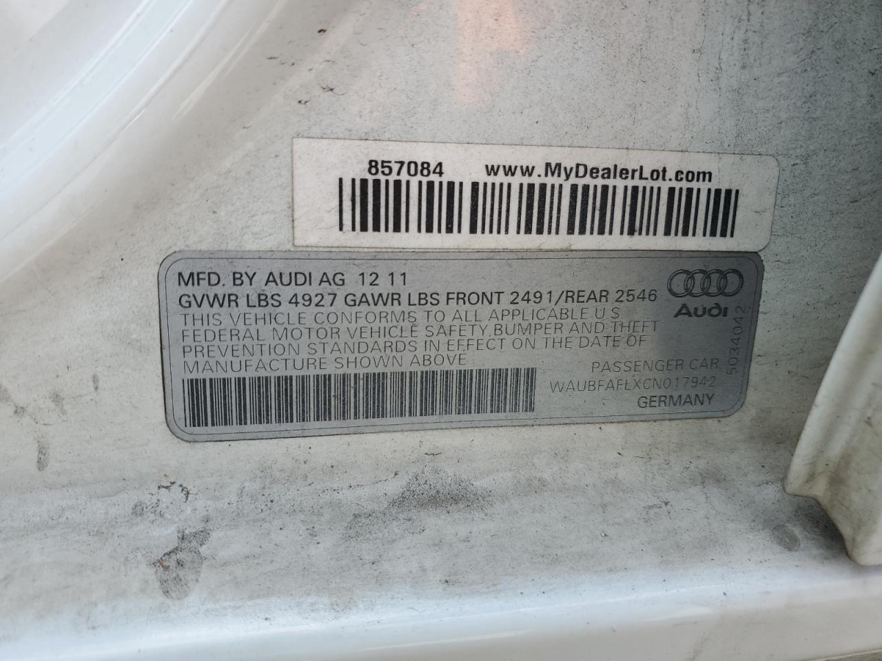 2012 Audi A4 Premium VIN: WAUBFAFLXCN017942 Lot: 56660135