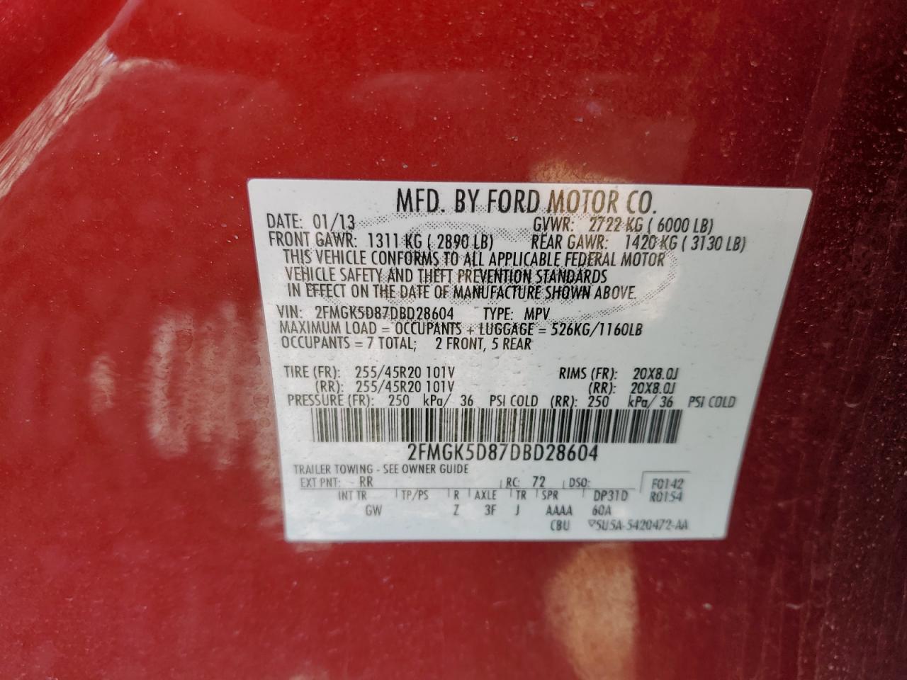 2013 Ford Flex Limited VIN: 2FMGK5D87DBD28604 Lot: 56865105