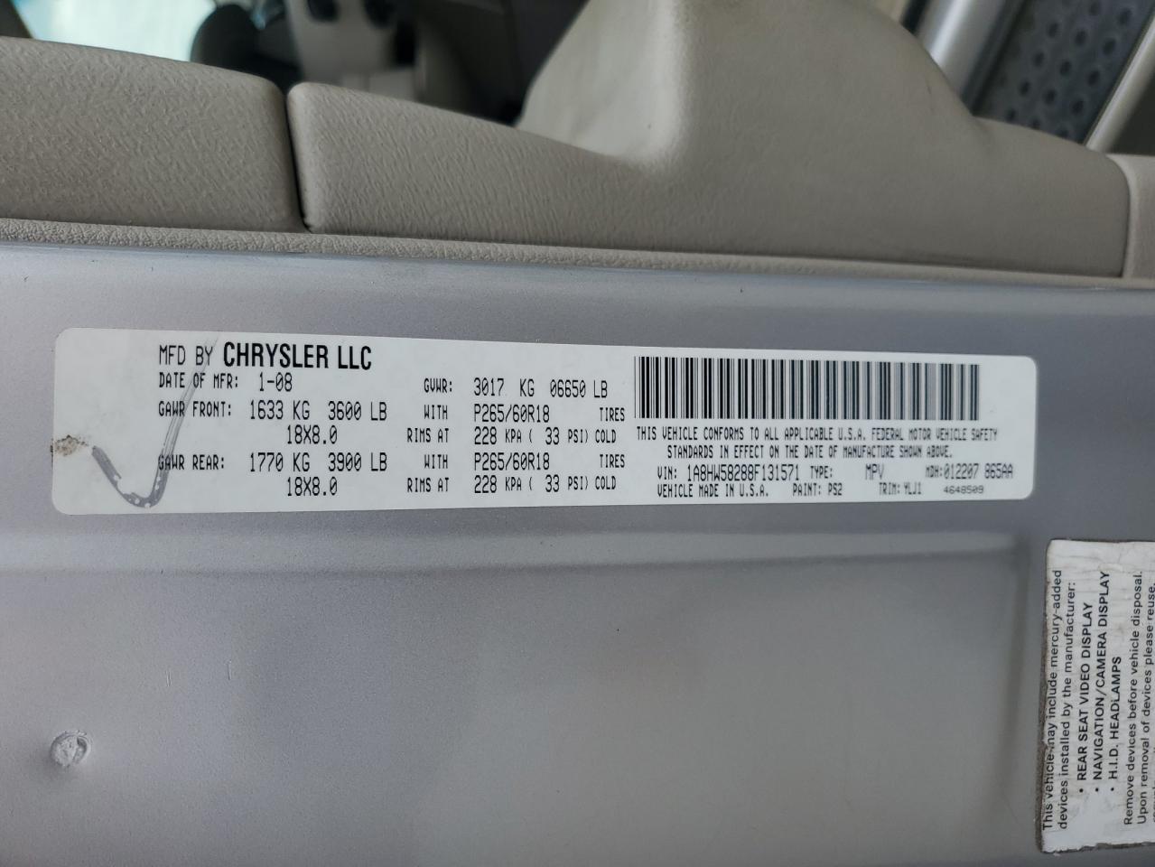 2008 Chrysler Aspen Limited VIN: 1A8HW58288F131571 Lot: 57359505