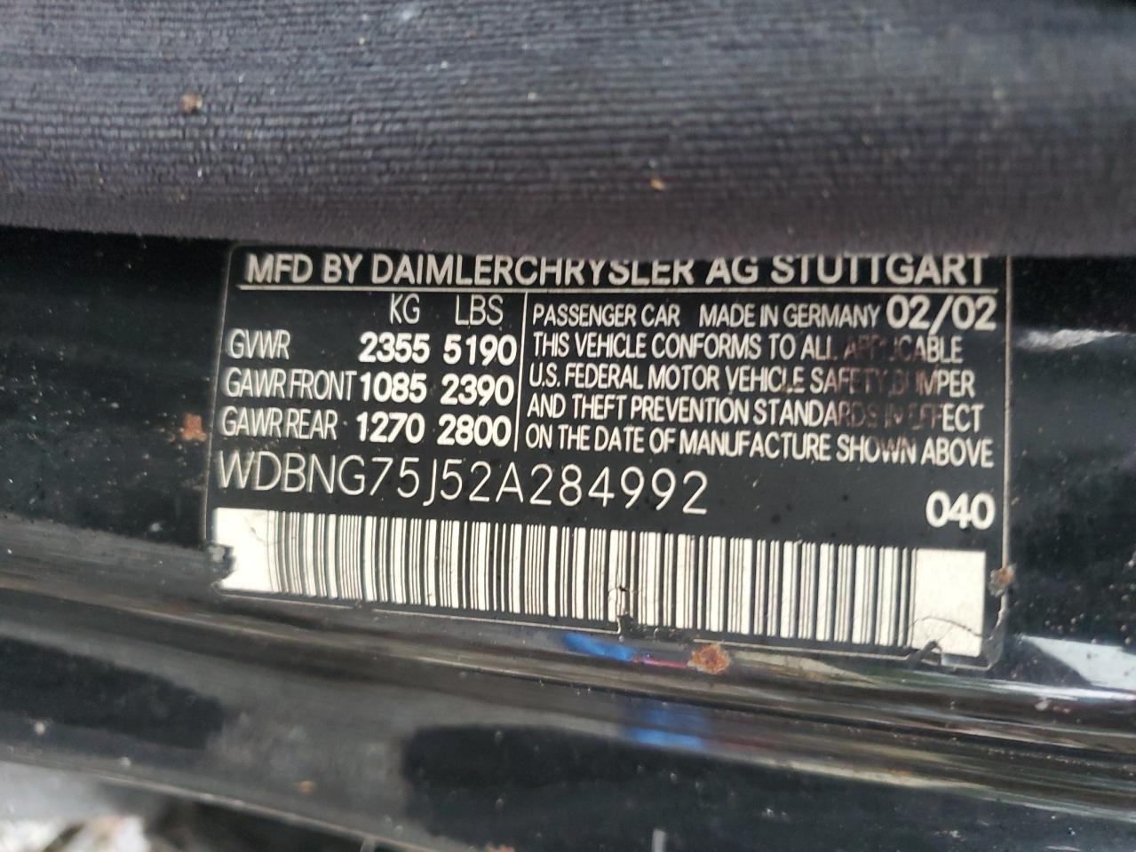 2002 Mercedes-Benz S 500 VIN: WDBNG75J52A284992 Lot: 57038105