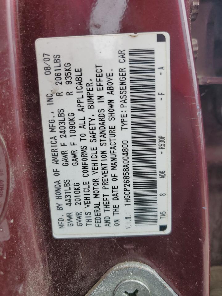 2008 Honda Accord Exl VIN: 1HGCP26858A004800 Lot: 55120065