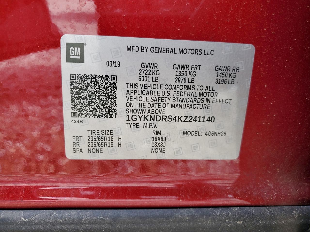 2019 Cadillac Xt5 Luxury VIN: 1GYKNDRS4KZ241140 Lot: 56068145