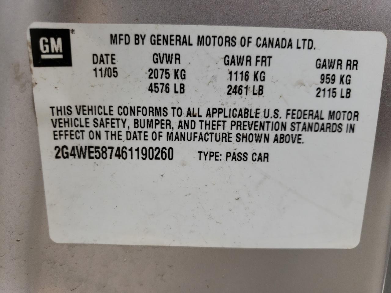 2006 Buick Lacrosse Cxs VIN: 2G4WE587461190260 Lot: 56756055