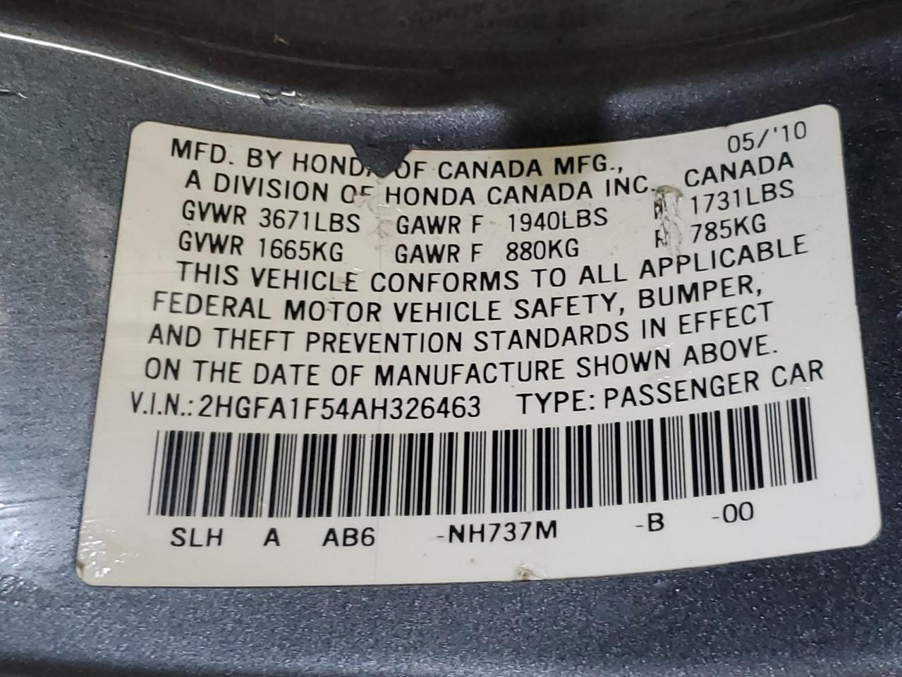 2010 Honda Civic Lx VIN: 2HGFA1F54AH326463 Lot: 64012475