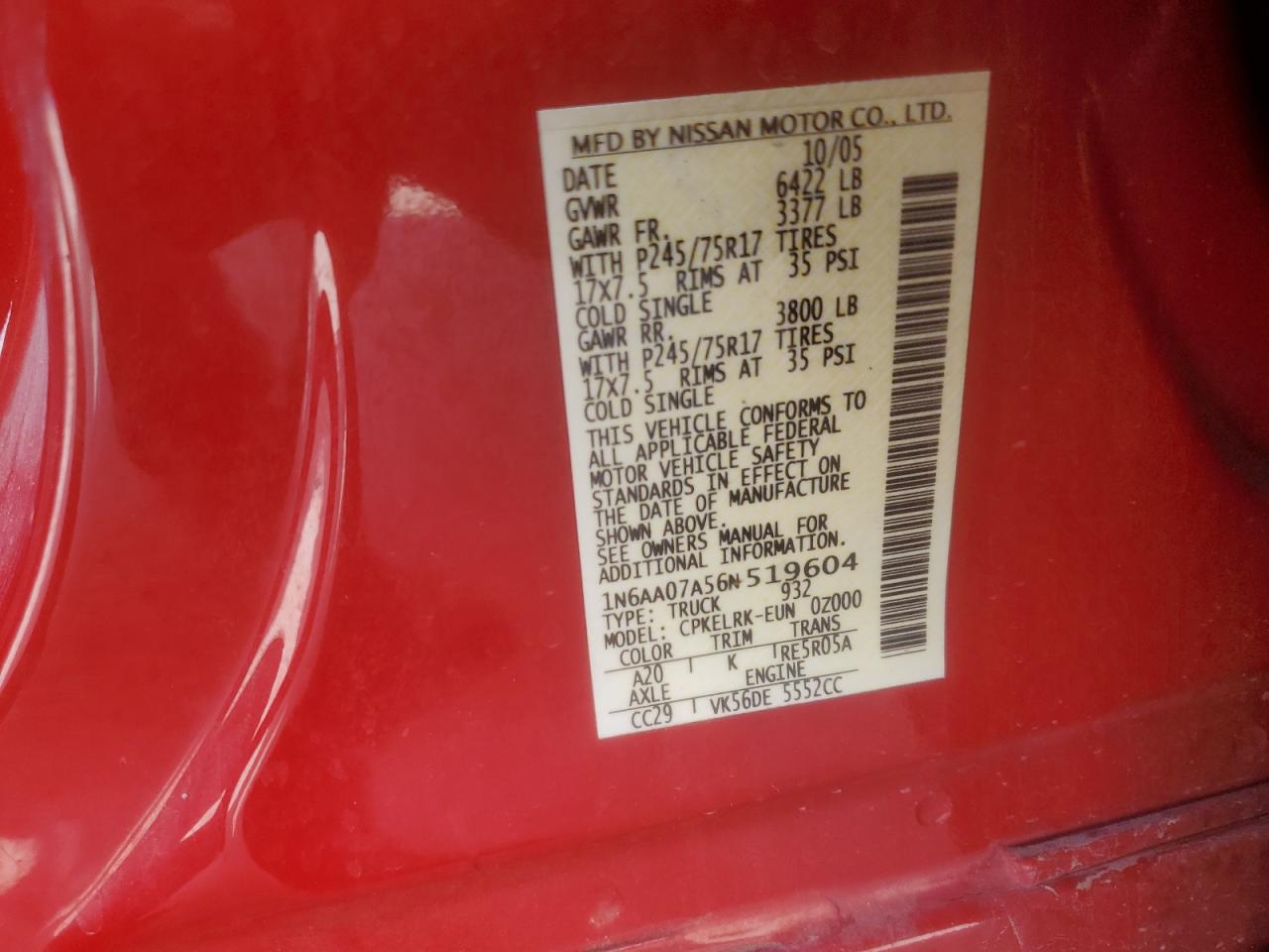 1N6AA07A56N519604 2006 Nissan Titan Xe