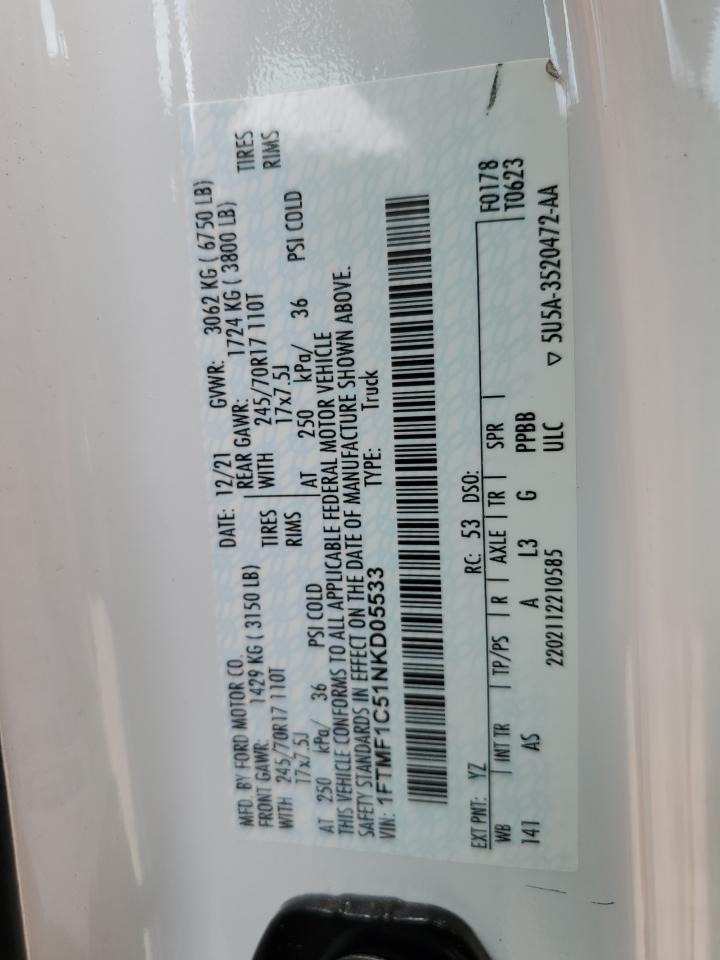 2022 Ford F150 VIN: 1FTMF1C51NKD05533 Lot: 56687955