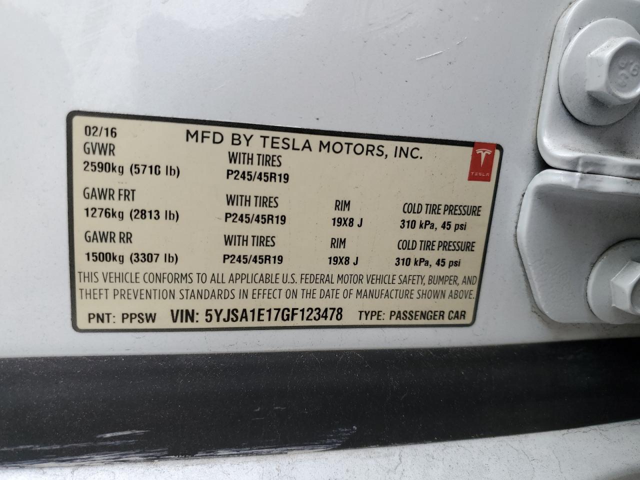 2016 Tesla Model S VIN: 5YJSA1E17GF123478 Lot: 57499185