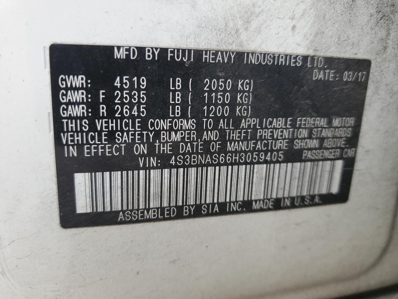 2017 Subaru Legacy Sport VIN: 4S3BNAS66H3059405 Lot: 57075475