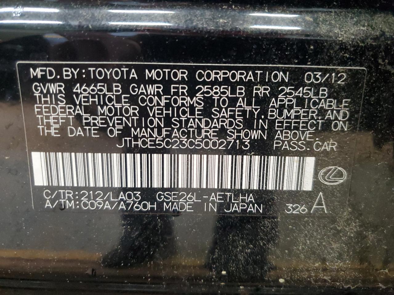 2012 Lexus Is 350 VIN: JTHCE5C23C5002713 Lot: 56391425