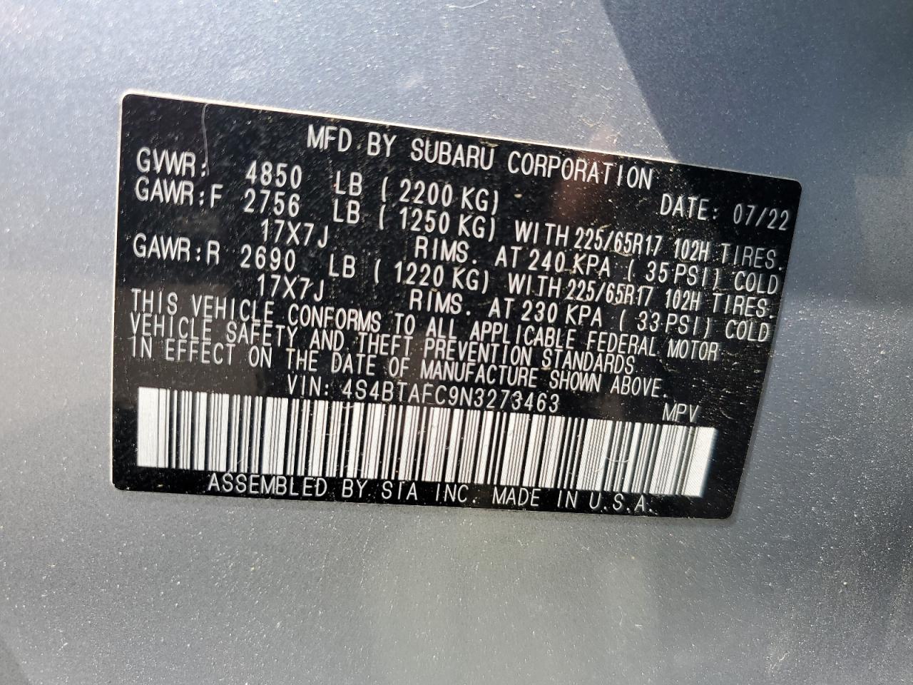 2022 Subaru Outback Premium VIN: 4S4BTAFC9N3273463 Lot: 56532265
