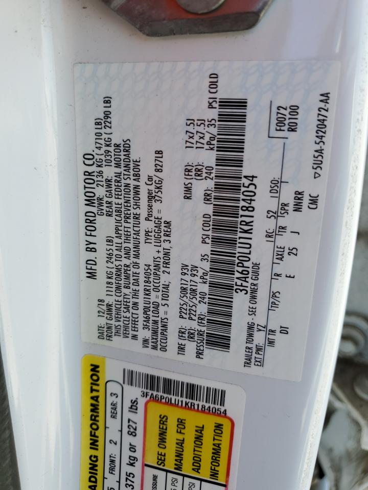 2019 Ford Fusion Se VIN: 3FA6P0LU1KR184054 Lot: 54025895