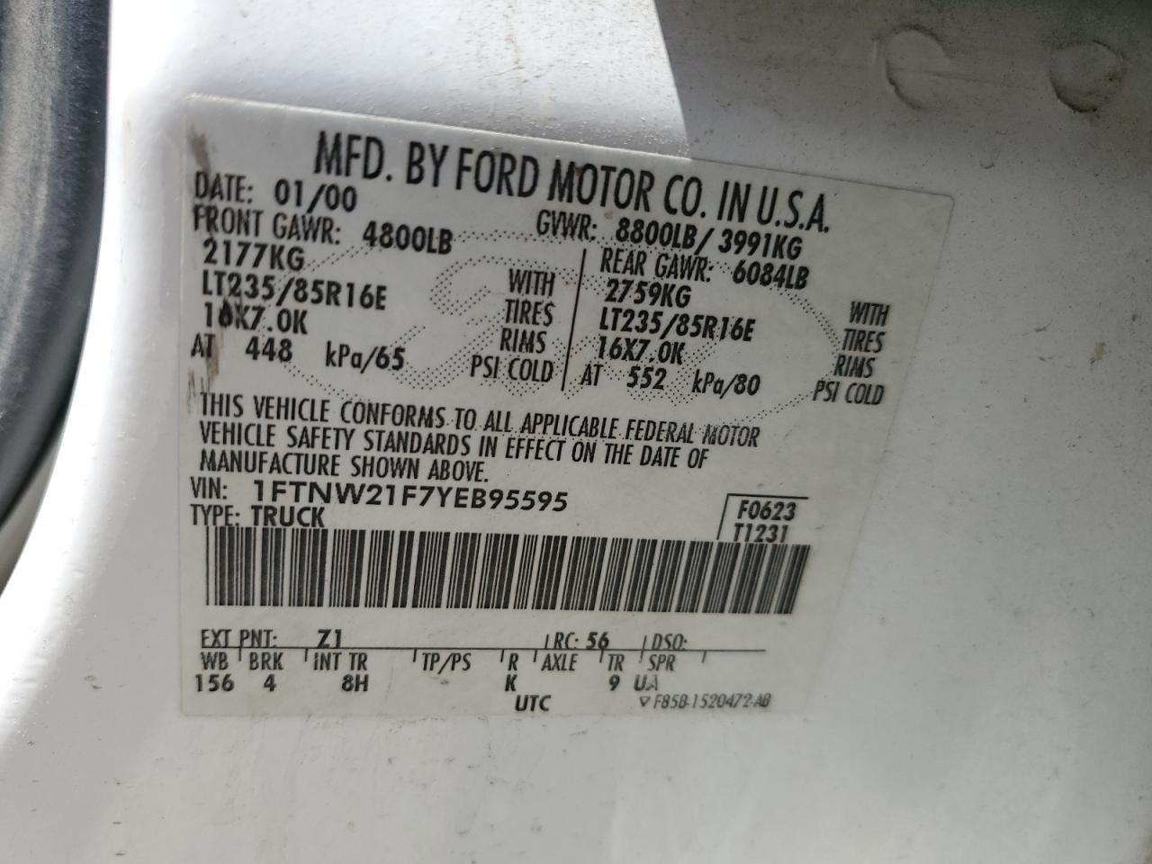 2000 Ford F250 Super Duty VIN: 1FTNW21F7YEB95595 Lot: 56230305