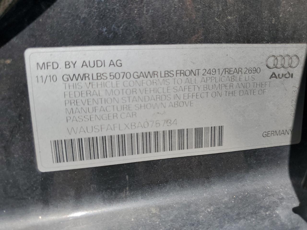 2011 Audi A4 Premium VIN: WAUSFAFLXBA075734 Lot: 56994675