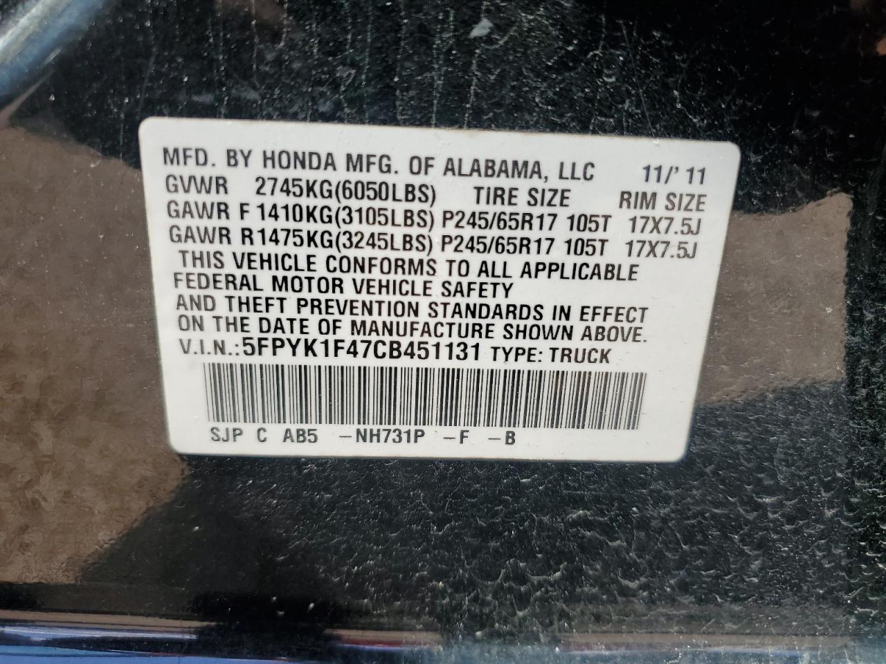 2012 Honda Ridgeline Rts VIN: 5FPYK1F47CB451131 Lot: 57894205