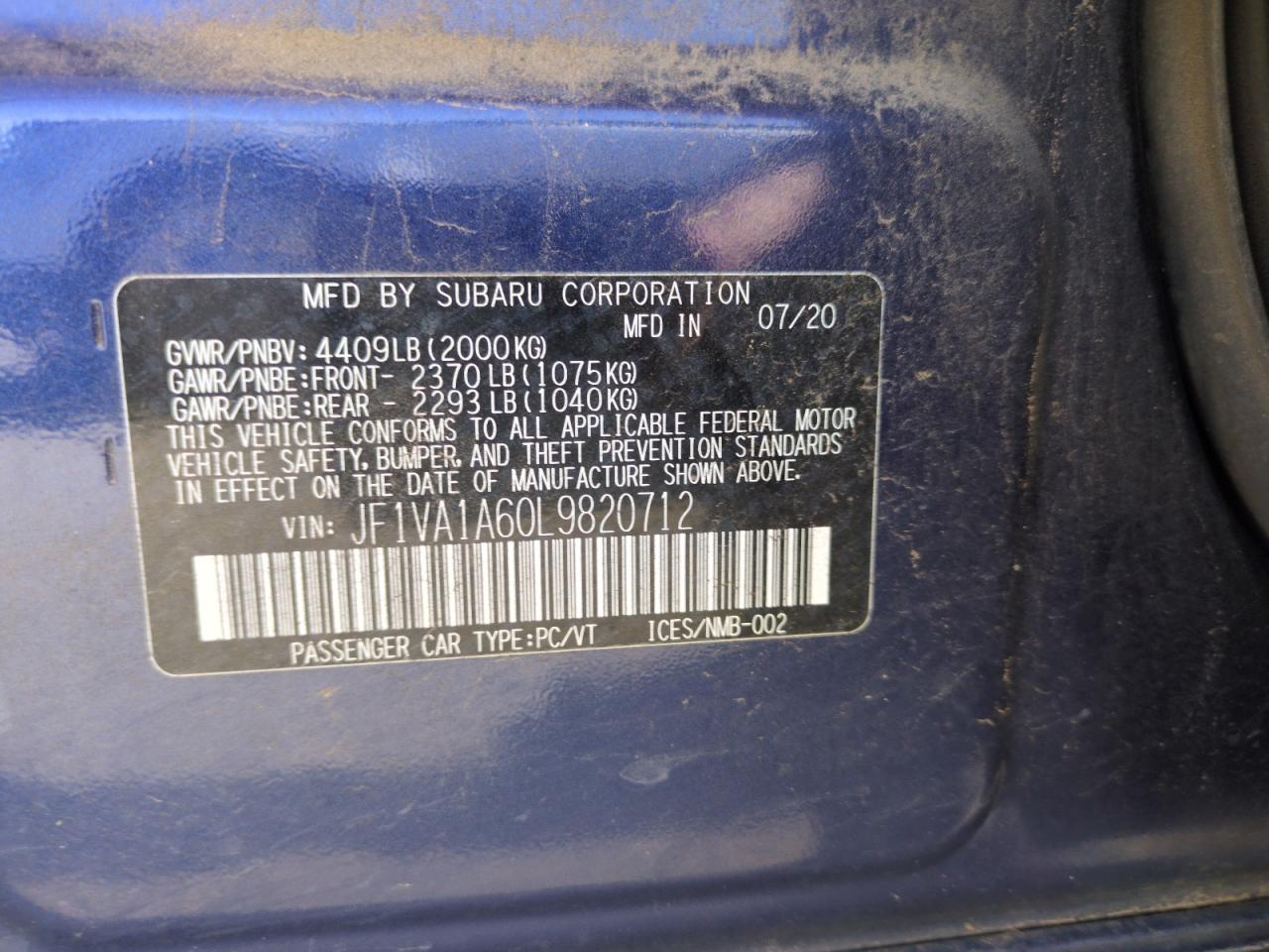 2020 Subaru Wrx VIN: JF1VA1A60L9820712 Lot: 56916145