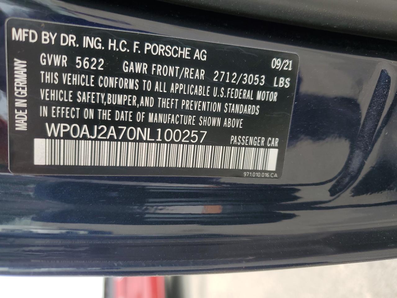 2022 Porsche Panamera Base VIN: WP0AJ2A70NL100257 Lot: 57426045