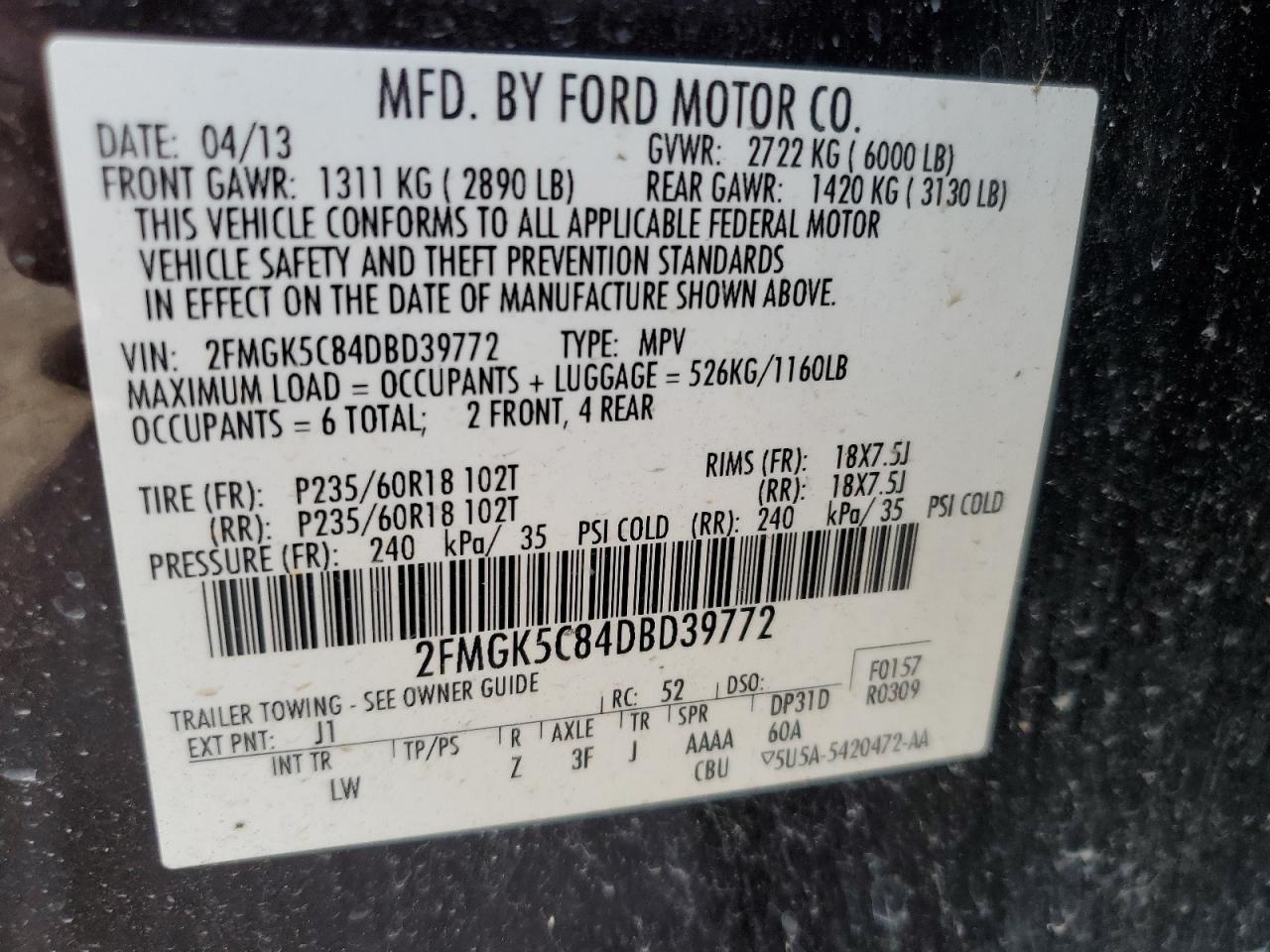 2013 Ford Flex Sel VIN: 2FMGK5C84DBD39772 Lot: 55849065