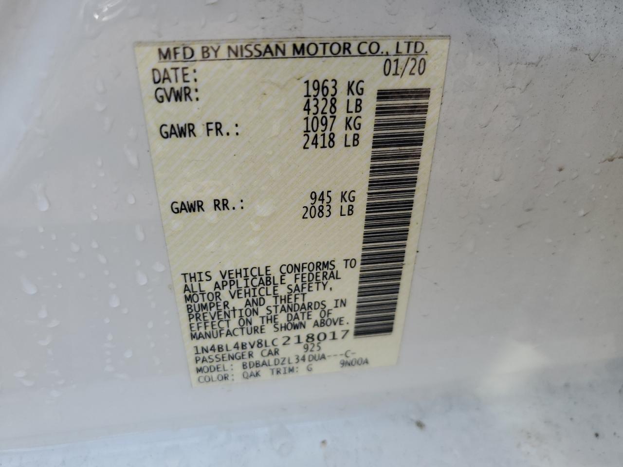 2020 Nissan Altima S VIN: 1N4BL4BV8LC218017 Lot: 56494575