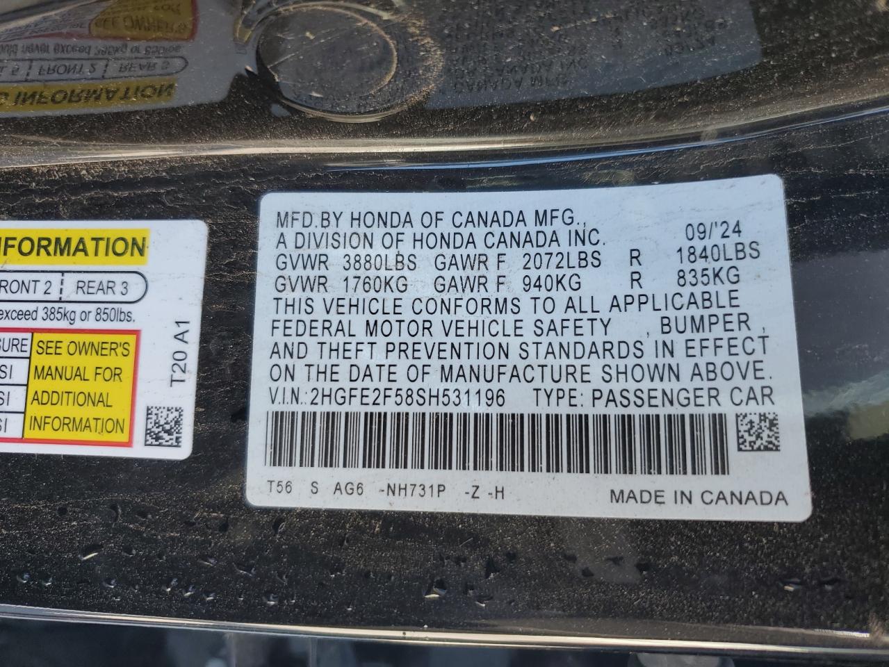 2025 Honda Civic Sport VIN: 2HGFE2F58SH531196 Lot: 56423205