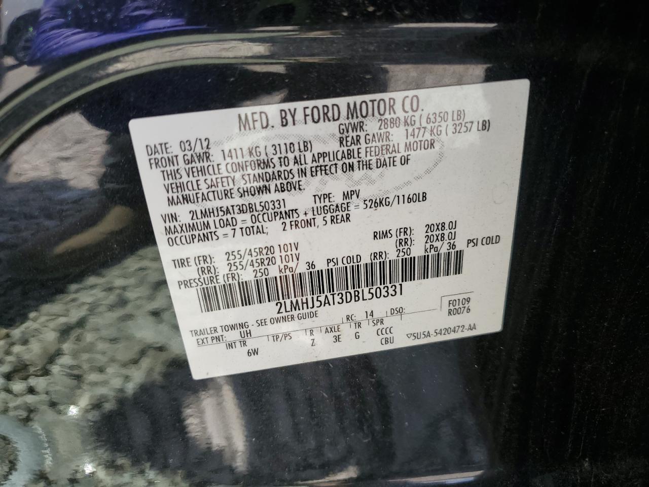 2013 Lincoln Mkt VIN: 2LMHJ5AT3DBL50331 Lot: 58382675