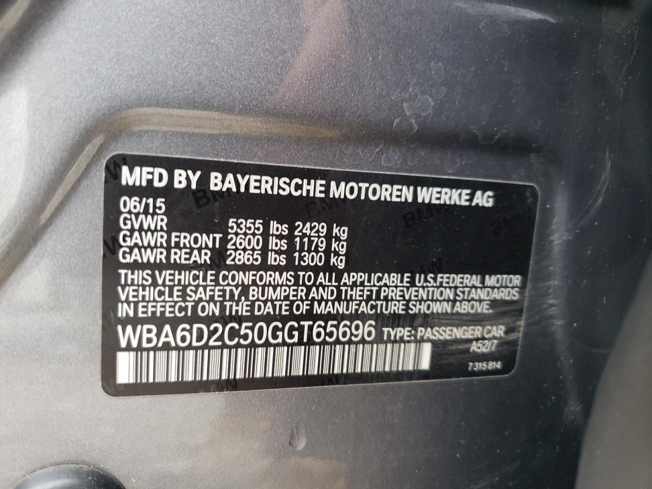 2016 BMW 640 Xi Gran Coupe VIN: WBA6D2C50GGT65696 Lot: 56295745