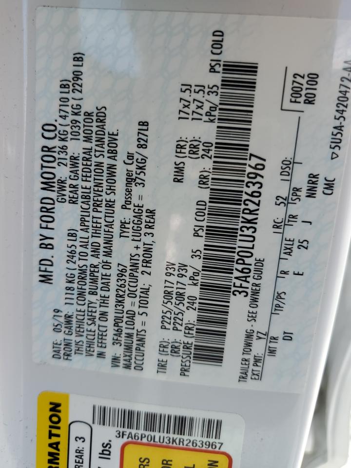 2019 Ford Fusion Se VIN: 3FA6P0LU3KR263967 Lot: 54028245