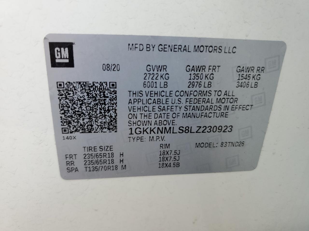 2020 GMC Acadia Slt VIN: 1GKKNMLS8LZ230923 Lot: 56700125