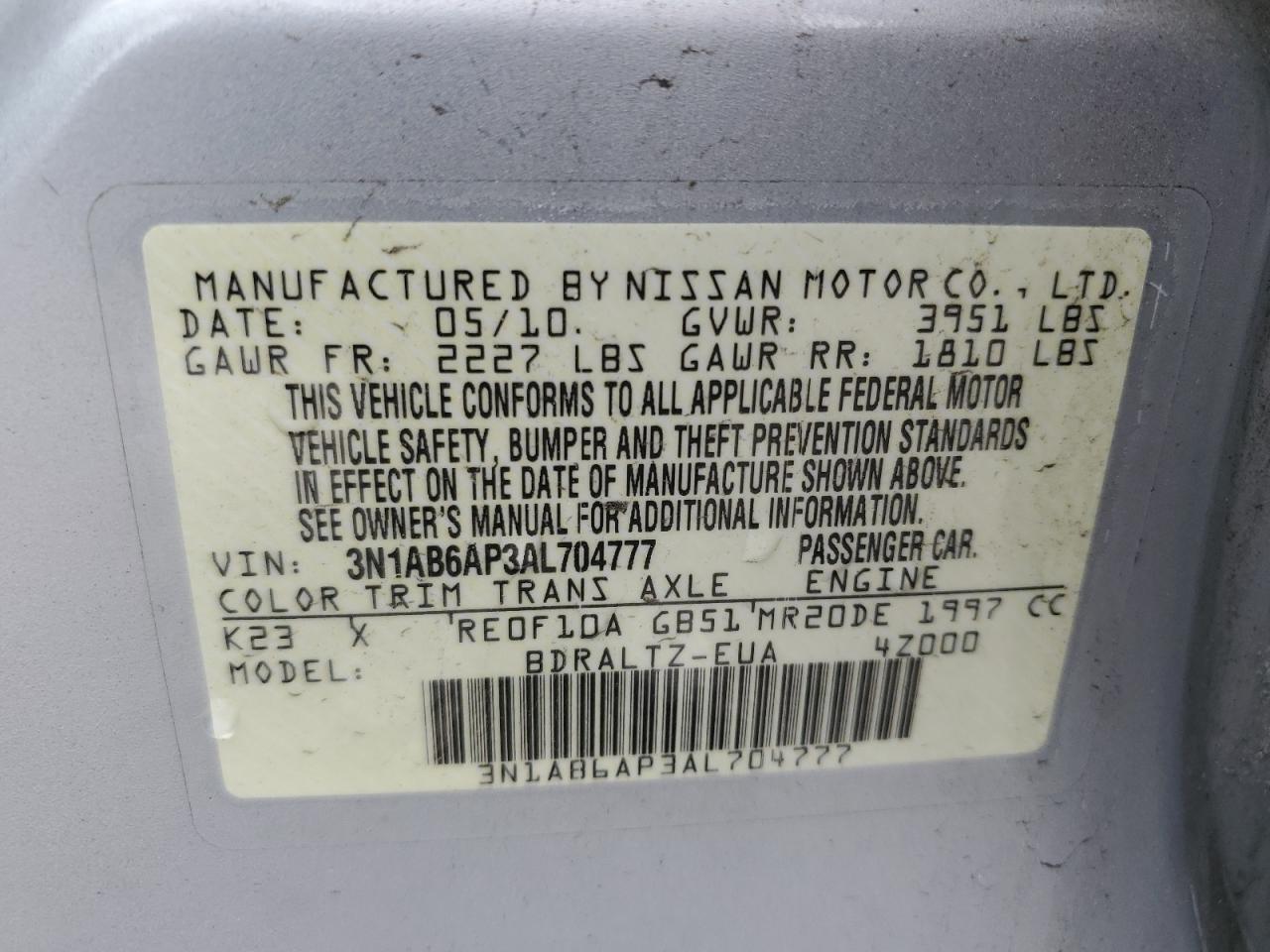 2010 Nissan Sentra 2.0 VIN: 3N1AB6AP3AL704777 Lot: 56014115
