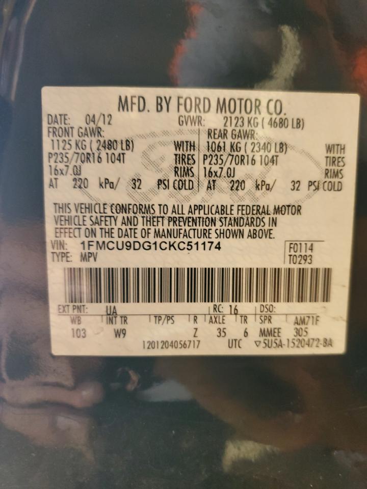 2012 Ford Escape Xlt VIN: 1FMCU9DG1CKC51174 Lot: 56845905