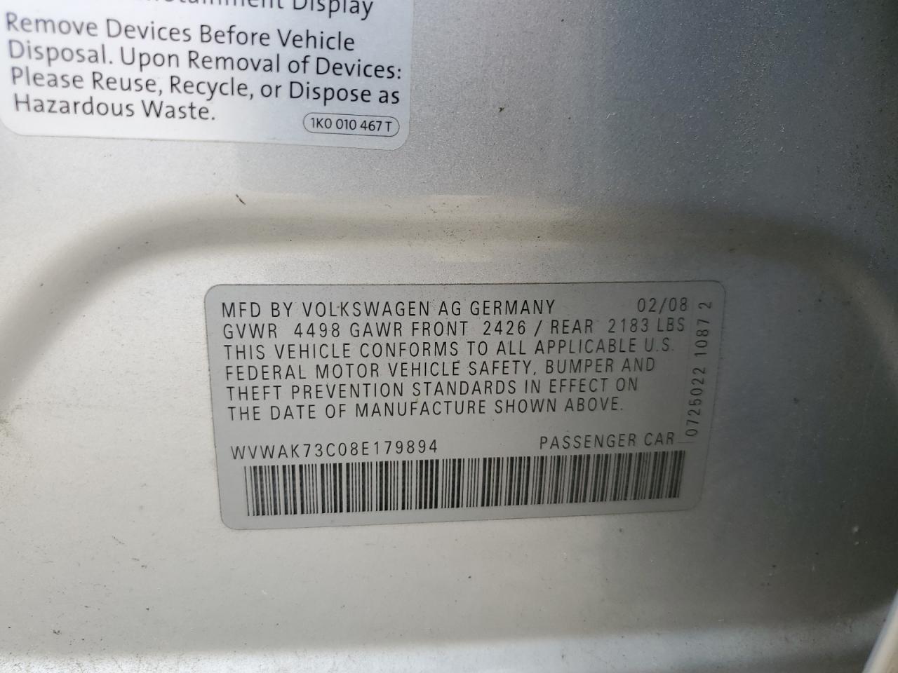 2008 Volkswagen Passat Komfort VIN: WVWAK73C08E179894 Lot: 57685585