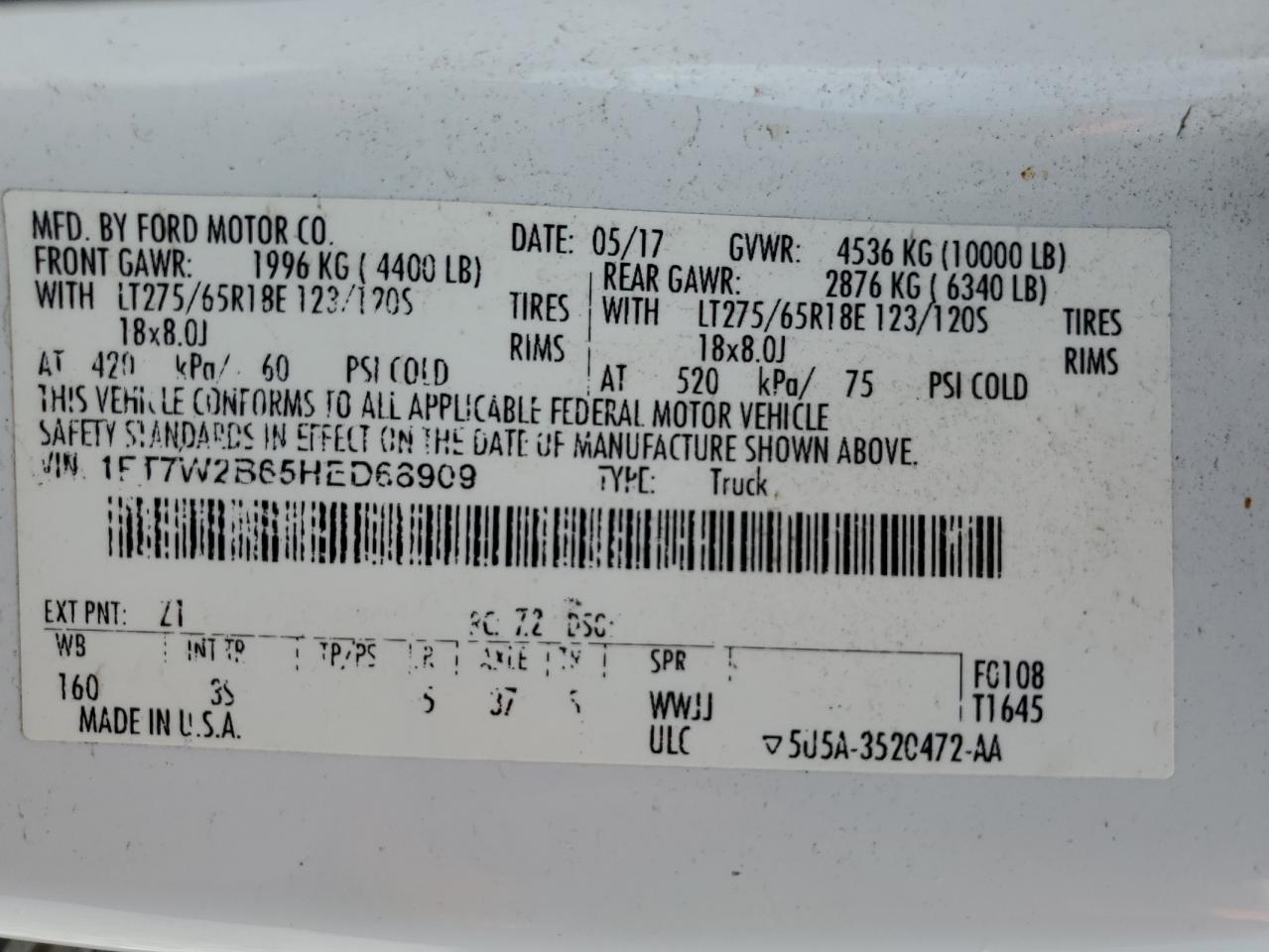 1FT7W2B65HED68909 FORD F250 2017