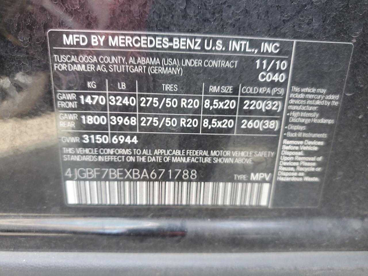 2011 Mercedes-Benz Gl 450 4Matic VIN: 4JGBF7BEXBA671788 Lot: 55495825