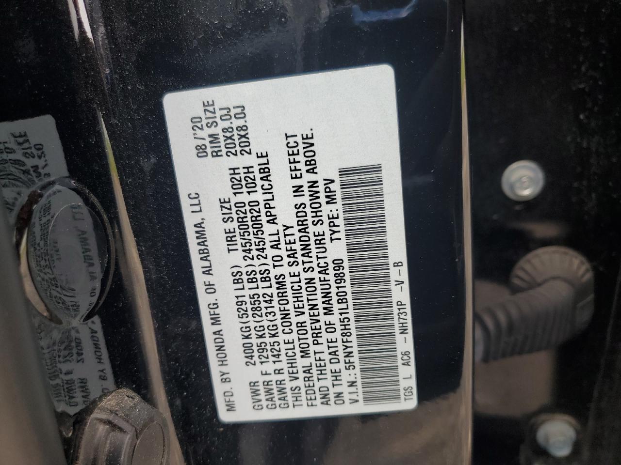 2020 Honda Passport Exl VIN: 5FNYF8H51LB019890 Lot: 57141345