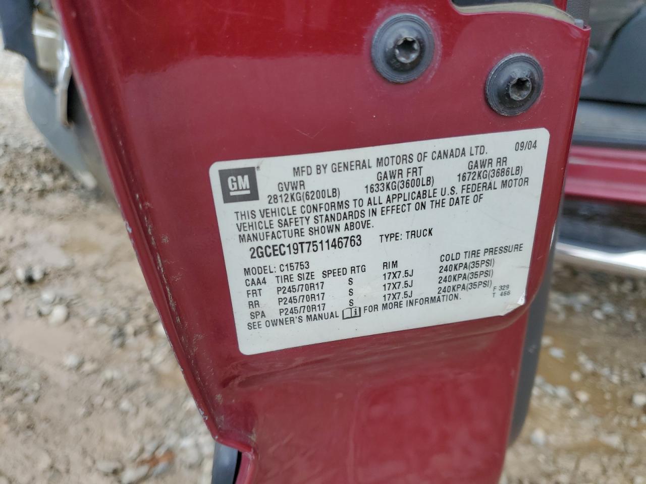 2005 Chevrolet Silverado C1500 VIN: 2GCEC19T751146763 Lot: 80729345