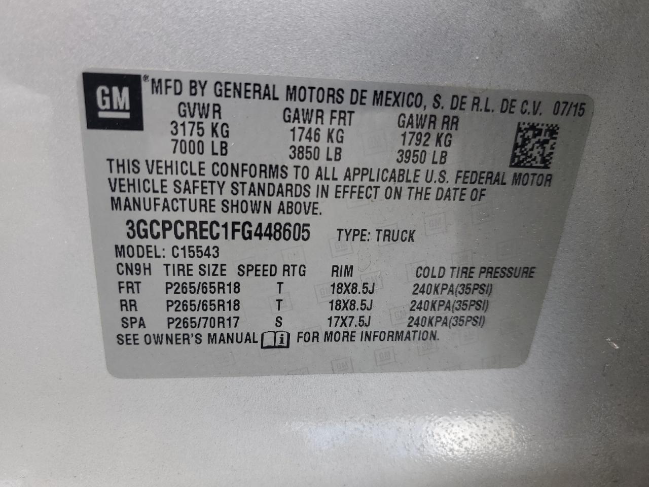2015 Chevrolet Silverado C1500 Lt VIN: 3GCPCREC1FG448605 Lot: 56726315