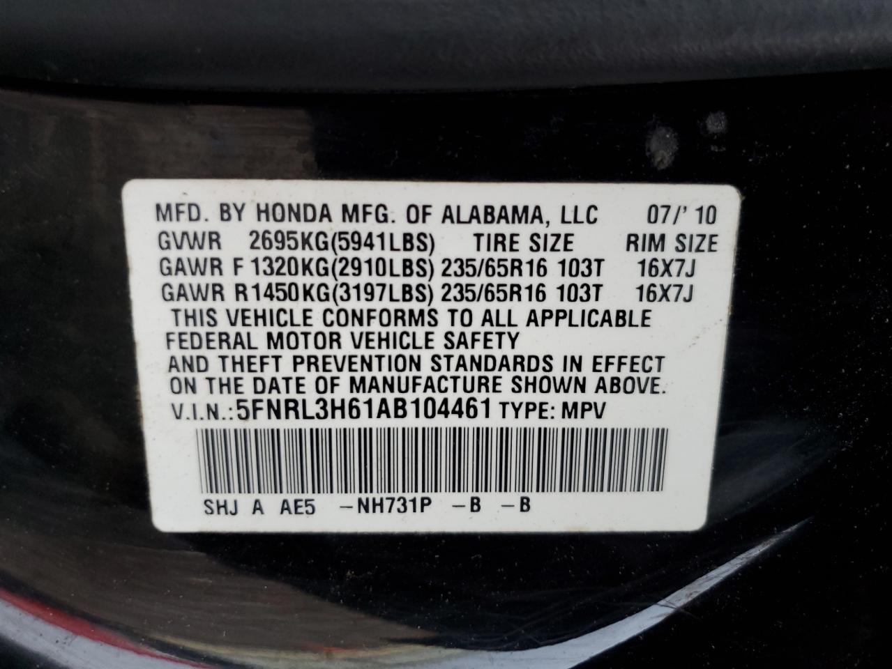 2010 Honda Odyssey Exl VIN: 5FNRL3H61AB104461 Lot: 56940275
