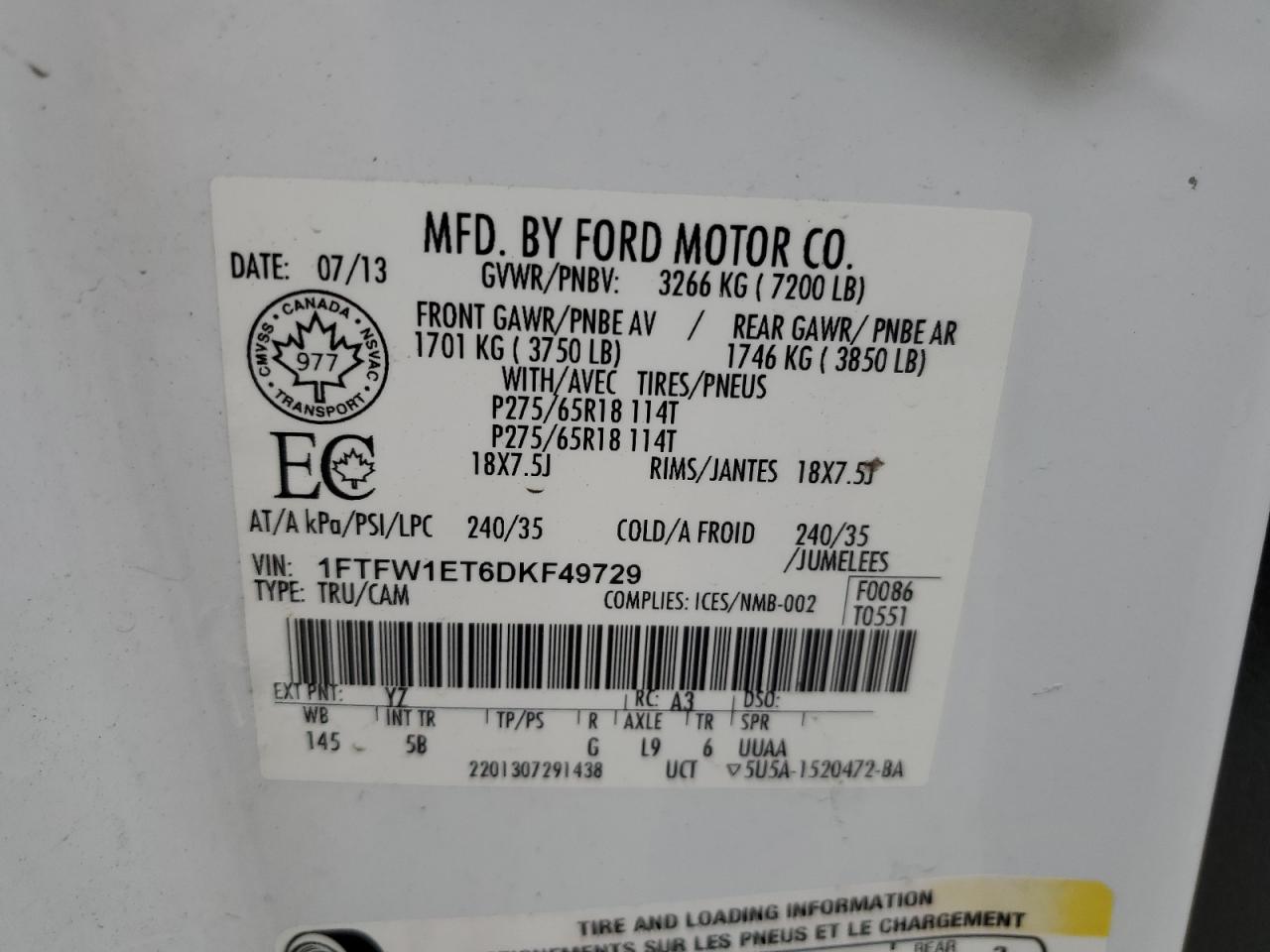 2013 Ford F150 Supercrew VIN: 1FTFW1ET6DKF49729 Lot: 56993215