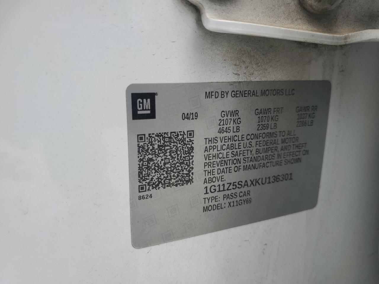 2019 Chevrolet Impala Lt VIN: 1G11Z5SAXKU136301 Lot: 56589845