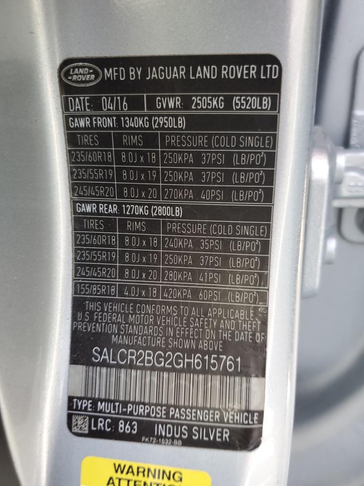 2016 Land Rover Discovery Sport Hse VIN: SALCR2BG2GH615761 Lot: 56897475
