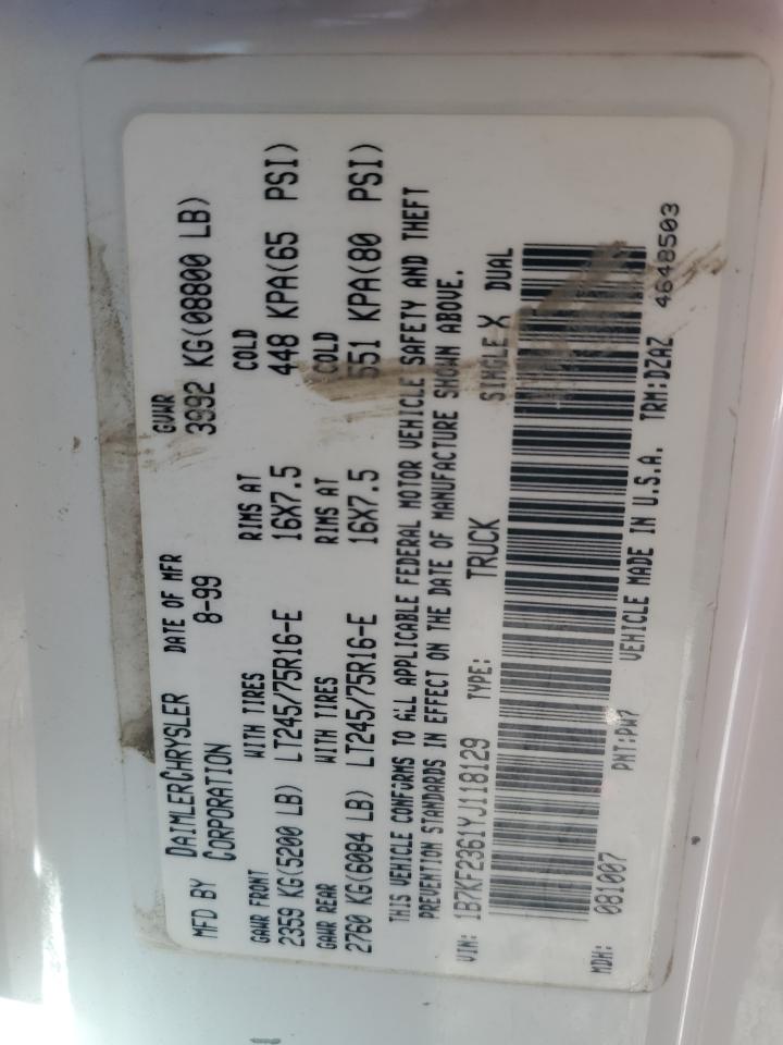 2000 Dodge Ram 2500 VIN: 1B7KF2361YJ118129 Lot: 55865215