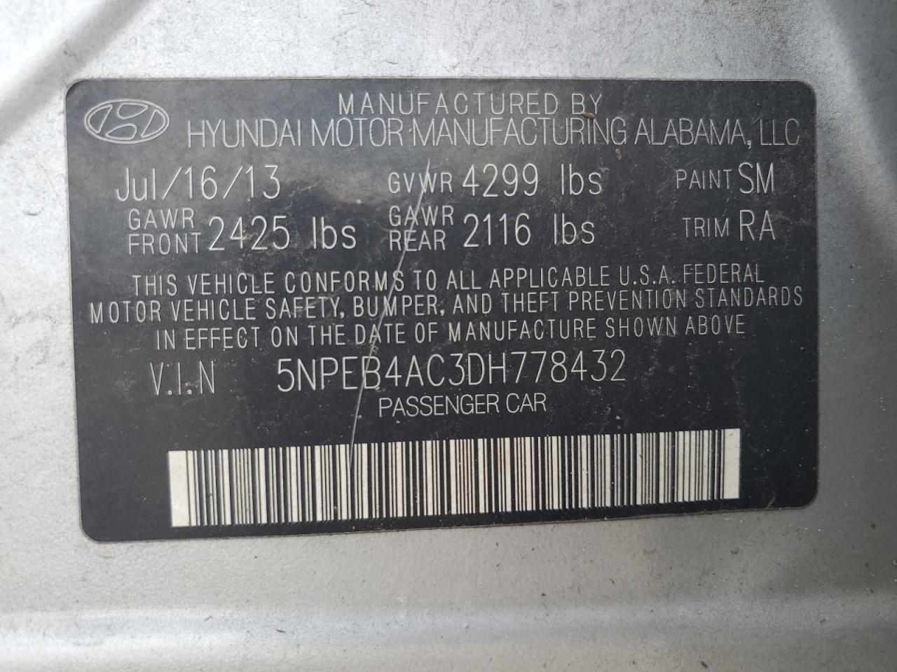 2013 Hyundai Sonata Gls VIN: 5NPEB4AC3DH778432 Lot: 56298425
