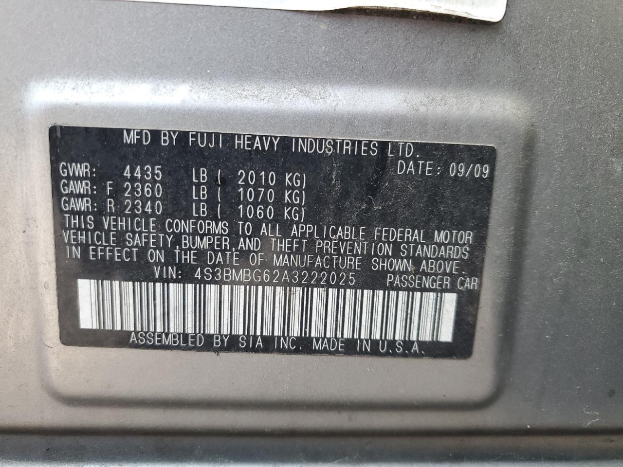 2010 Subaru Legacy 2.5I Premium VIN: 4S3BMBG62A3222025 Lot: 55980995
