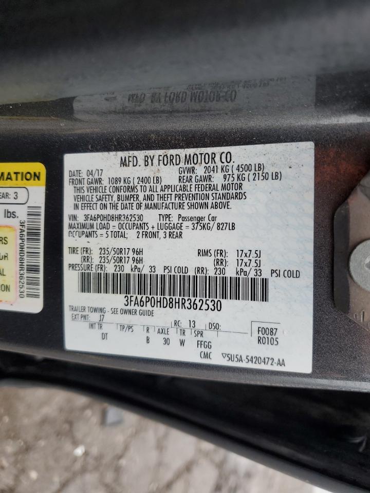 2017 Ford Fusion Se VIN: 3FA6P0HD8HR362530 Lot: 55250445