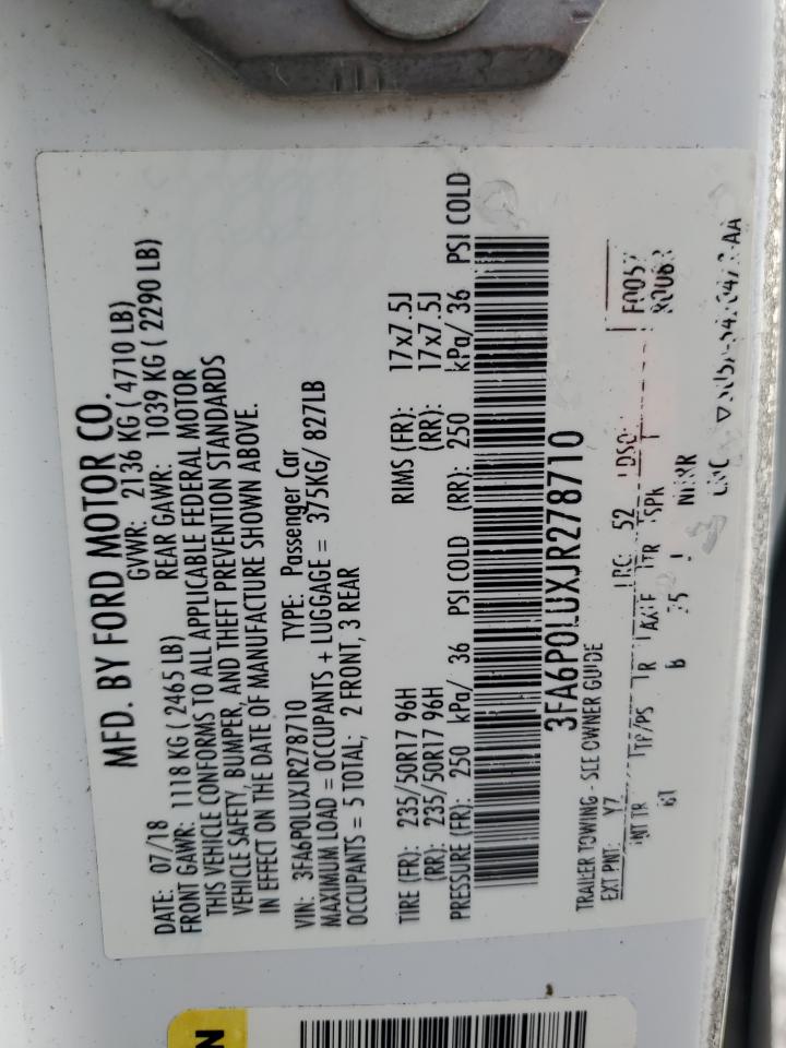 2018 Ford Fusion Se Hybrid VIN: 3FA6P0LUXJR278710 Lot: 54039505