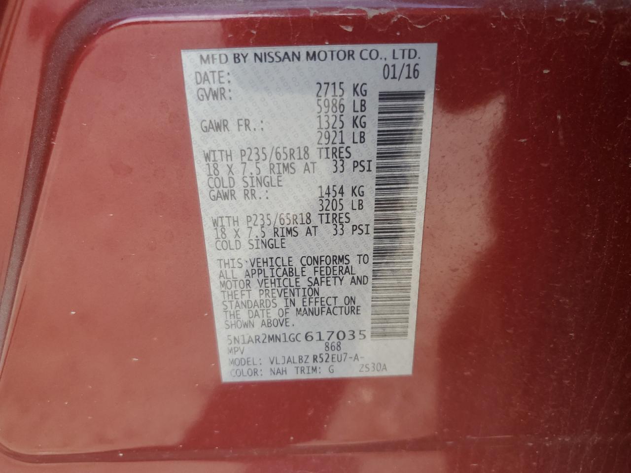 2016 Nissan Pathfinder S VIN: 5N1AR2MN1GC617035 Lot: 56905365