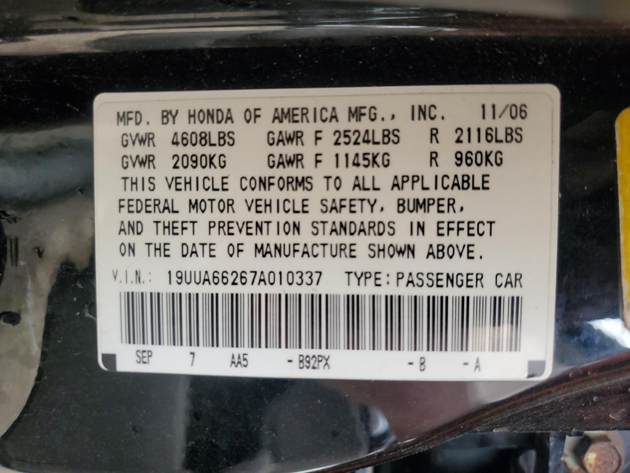 2007 Acura Tl VIN: 19UUA66267A010337 Lot: 56886965