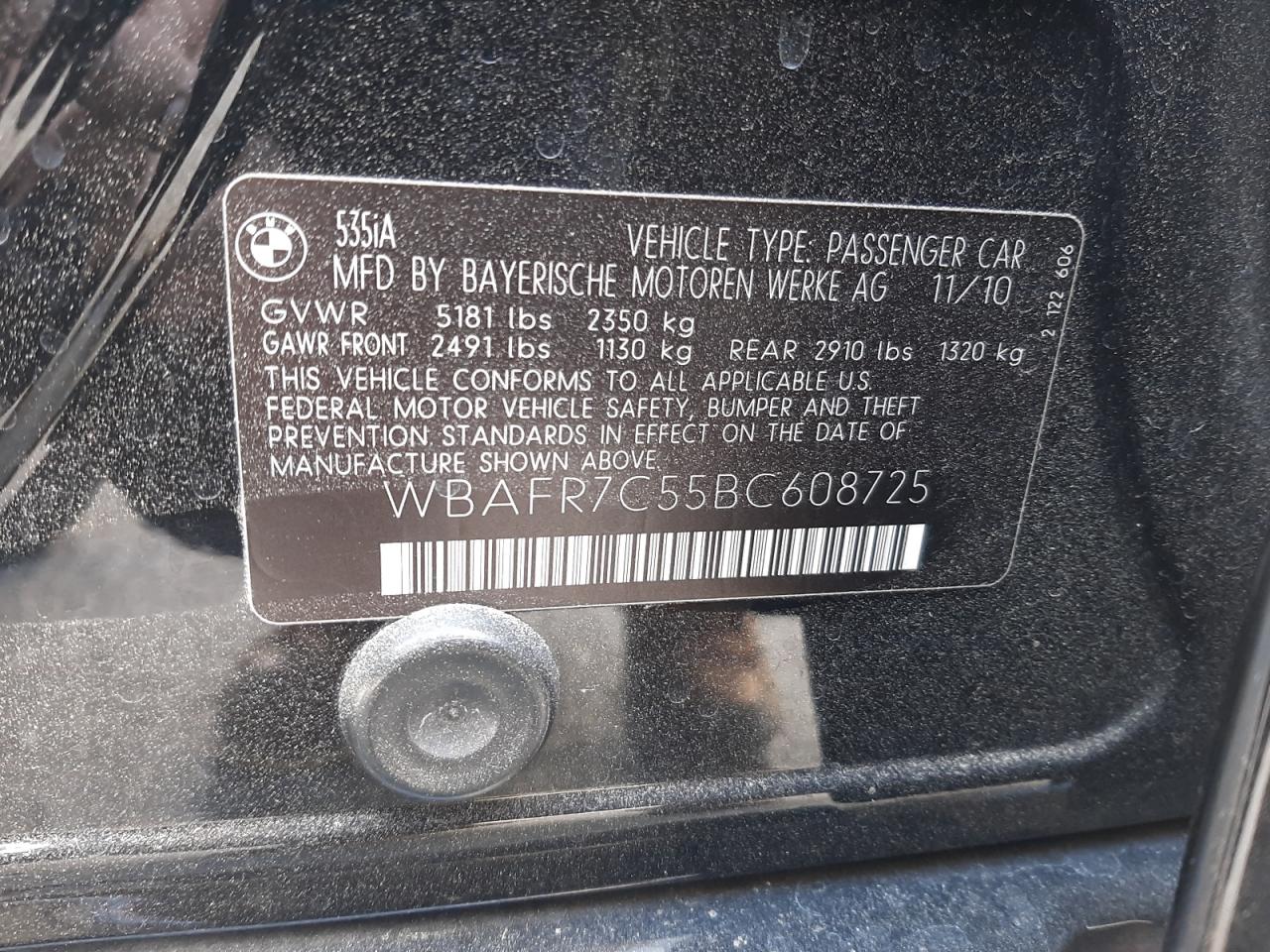 2011 BMW 535 I VIN: WBAFR7C55BC608725 Lot: 57063745