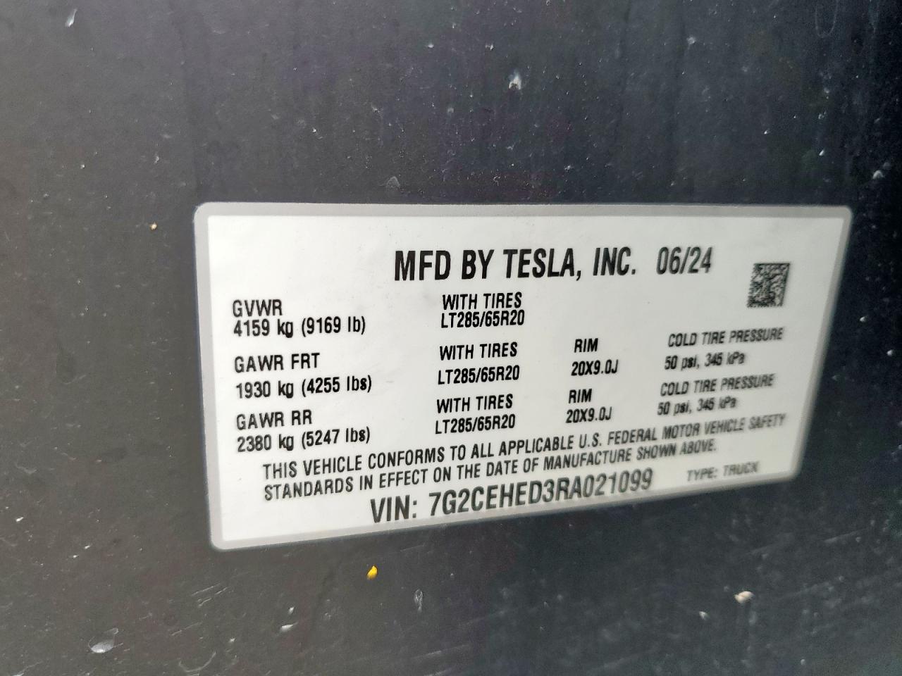 2024 Tesla Cybertruck VIN: 7G2CEHED3RA021099 Lot: 57416365