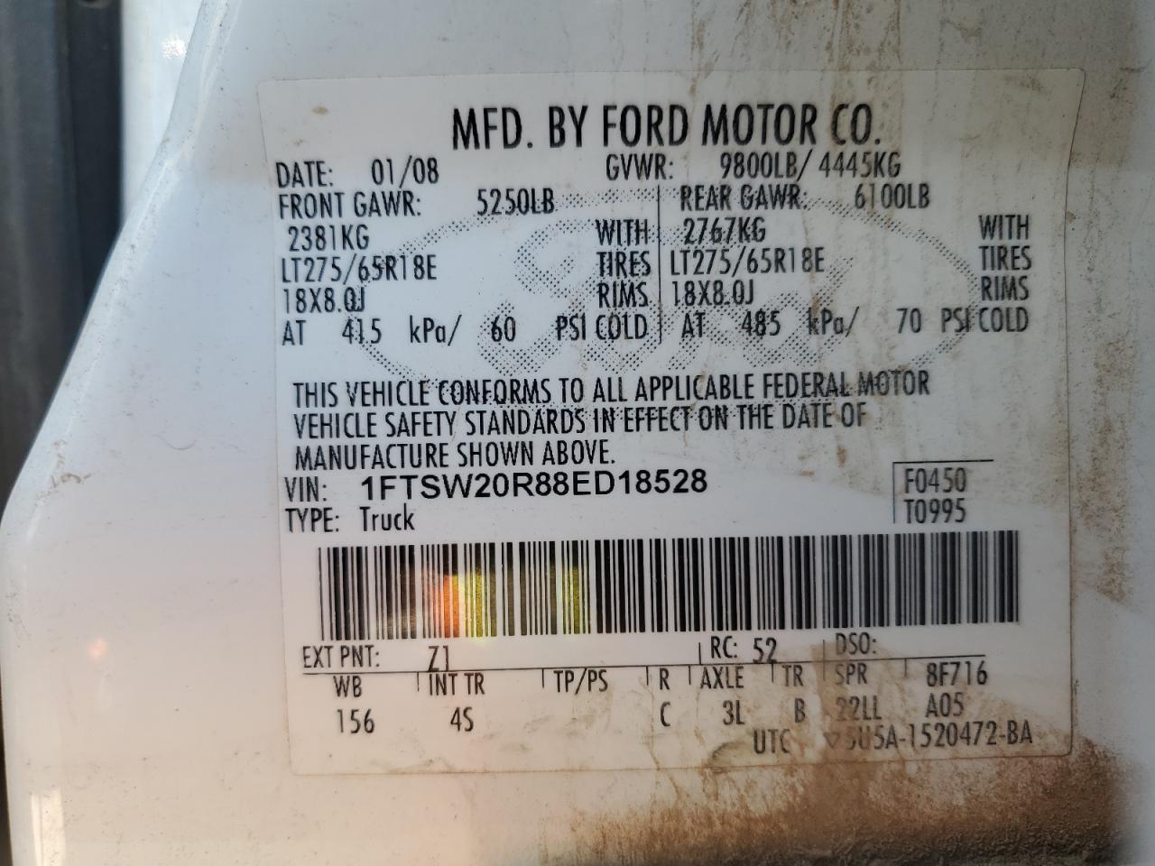 2008 Ford F250 Super Duty VIN: 1FTSW20R88ED18528 Lot: 57080025