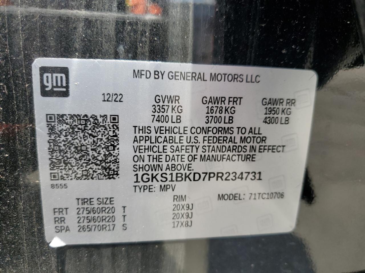 2023 GMC Yukon Slt VIN: 1GKS1BKD7PR234731 Lot: 57070995